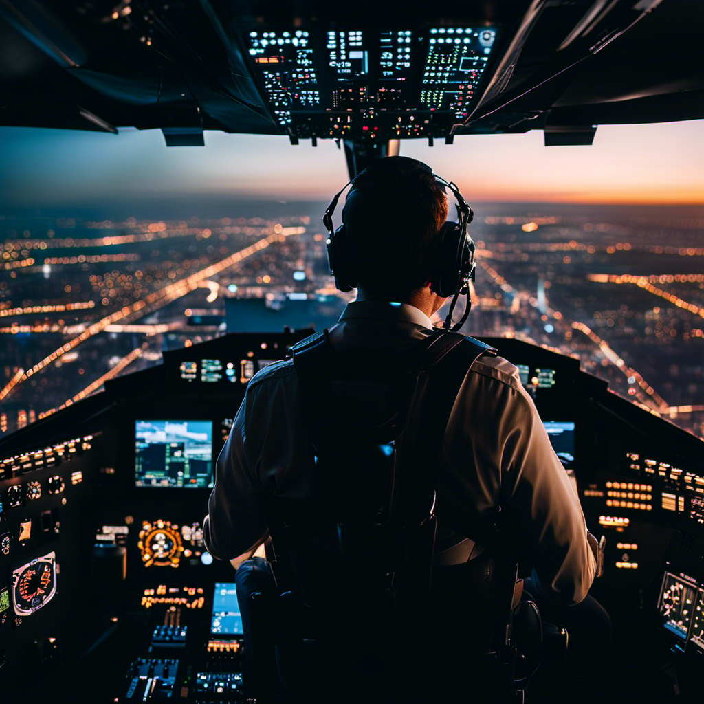 An image showcasing a pilot in a pristine cockpit, confidently maneuvering complex controls, while outside the window, a breathtaking aerial view of a vibrant cityscape unfolds at dusk