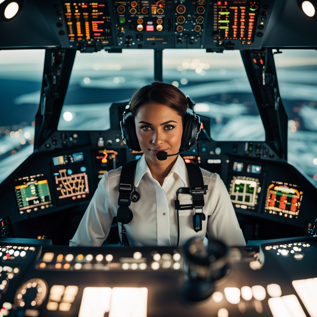An image showcasing a pilot in a vibrant, modern cockpit, surrounded by advanced technology, charts, and flight instruments
