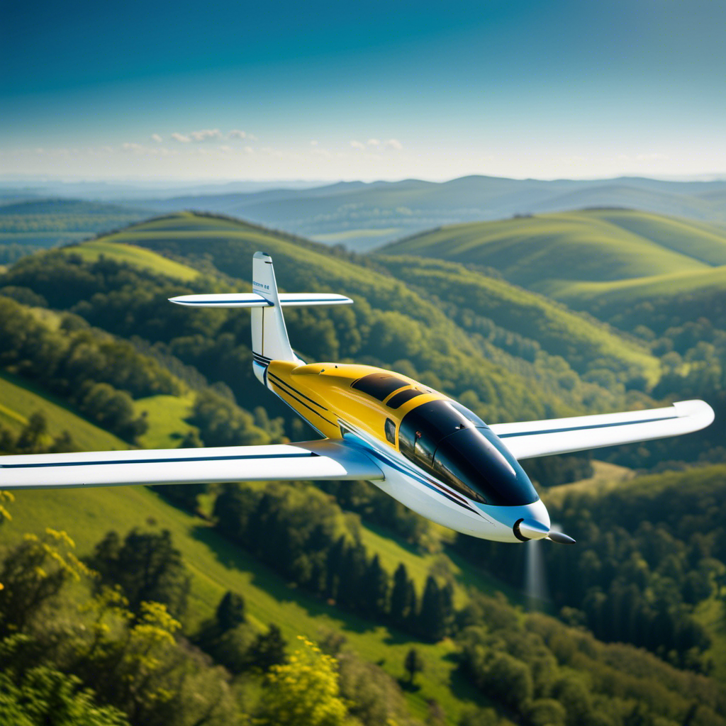 An image showcasing the vibrant atmosphere of a bustling glider port: gliders gracefully soaring amidst a backdrop of rolling hills, towering trees, and a vibrant blue sky, capturing the essence of a thrilling aviation experience