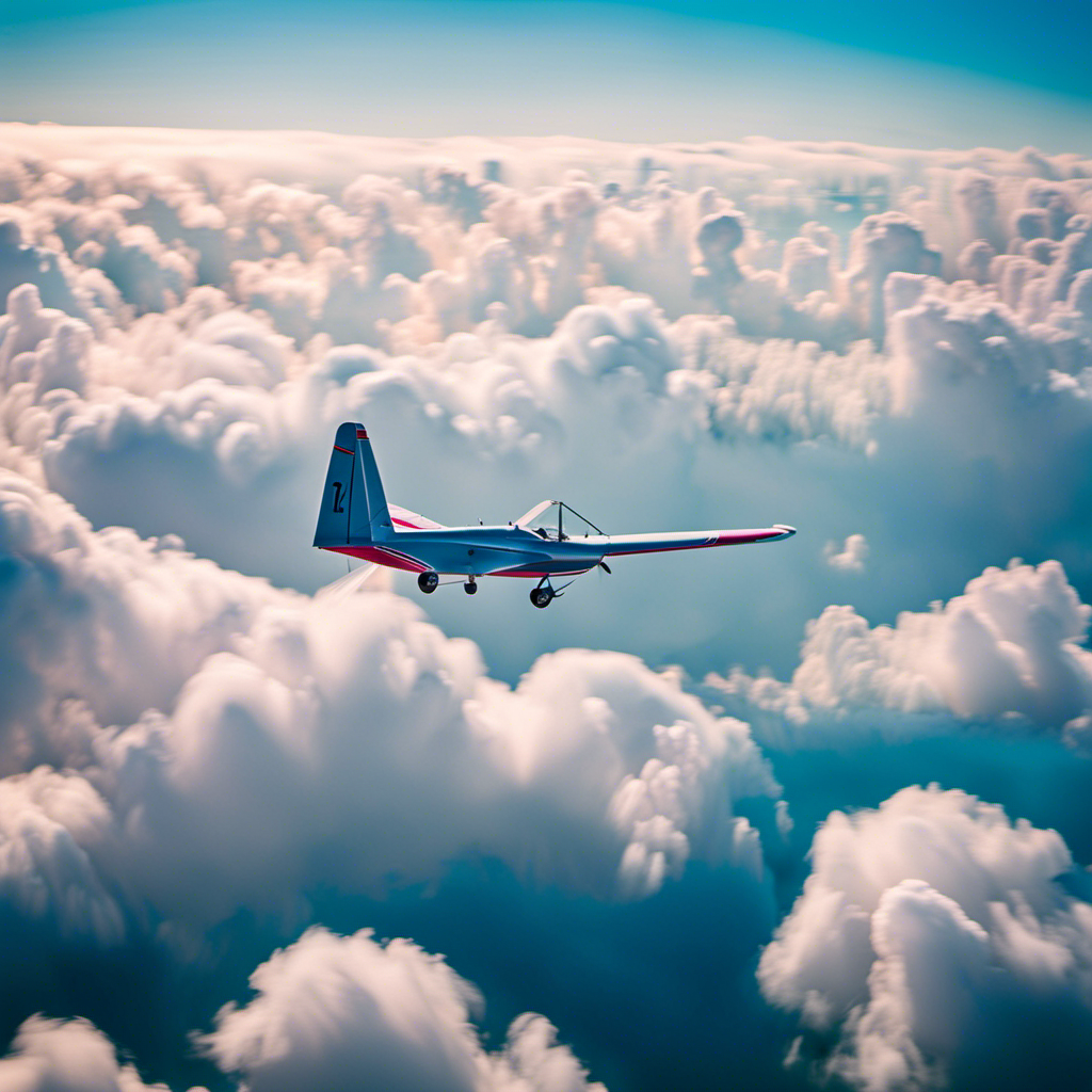 the serene beauty of a glider pilot's day: A skilled aviator gracefully soars through a vivid blue sky, surrounded by cotton candy clouds, while the glider's slender silhouette cuts through the air