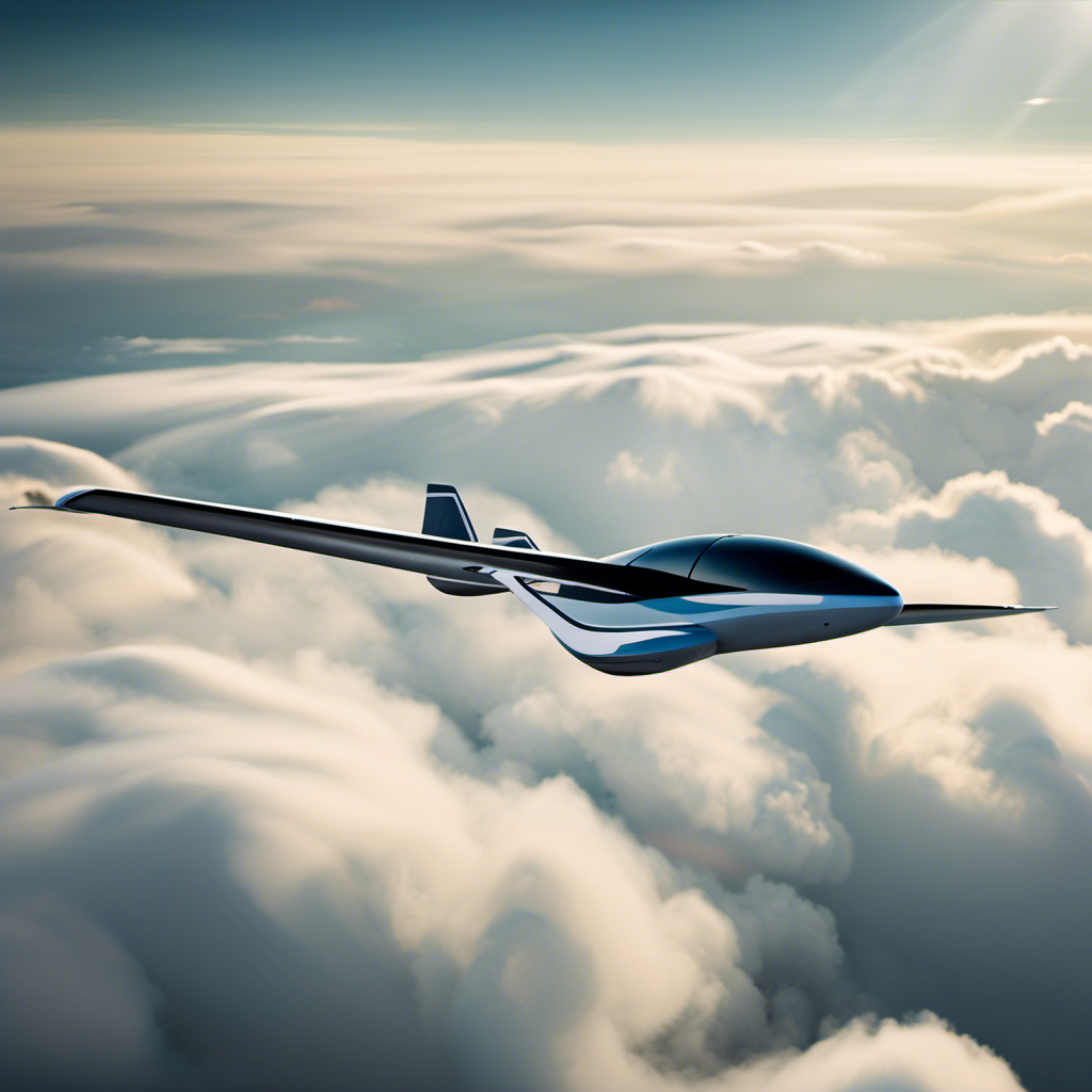 An image of a sleek glider soaring through a cloud-filled sky, with a powerful engine integrated seamlessly into its design