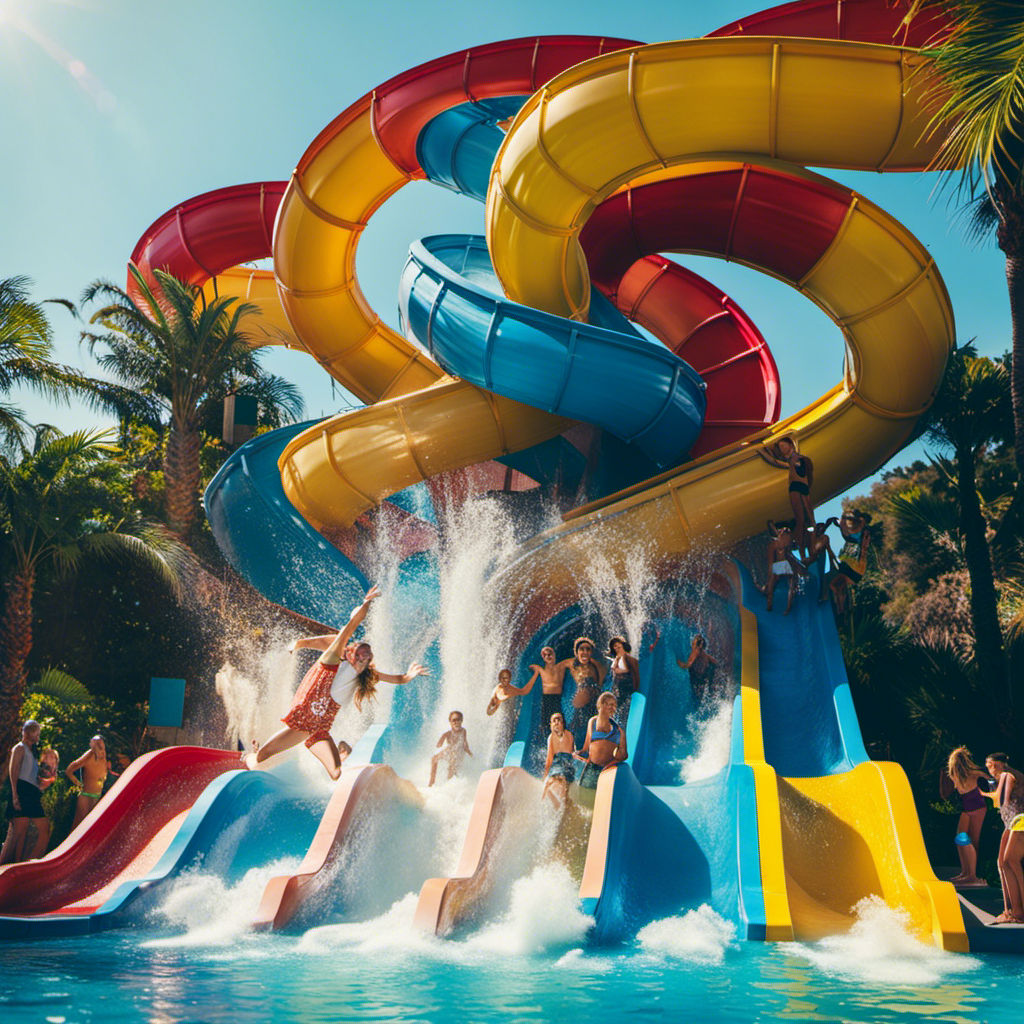 An image showcasing the thrilling water slides at Mt Pleasant Water Park: a towering, twisting tube slide engulfed in vibrant hues, sending excited riders splashing into a crystal-clear pool below