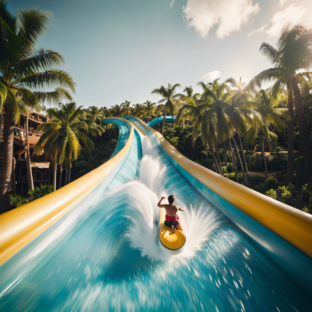 An image showcasing a thrilling water slide soaring high above a tropical paradise, surrounded by palm trees, sparkling pools, and excited visitors splashing in crystal-clear waters at Soaring Waterpark