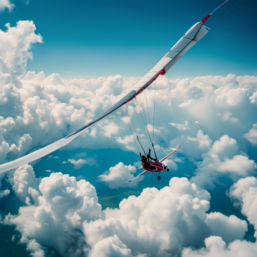 An image showcasing a glider pilot in a vibrant blue sky, gracefully releasing tow rope, adjusting control surfaces, and soaring effortlessly amidst puffy white cumulus clouds, demonstrating each step of flying a glider