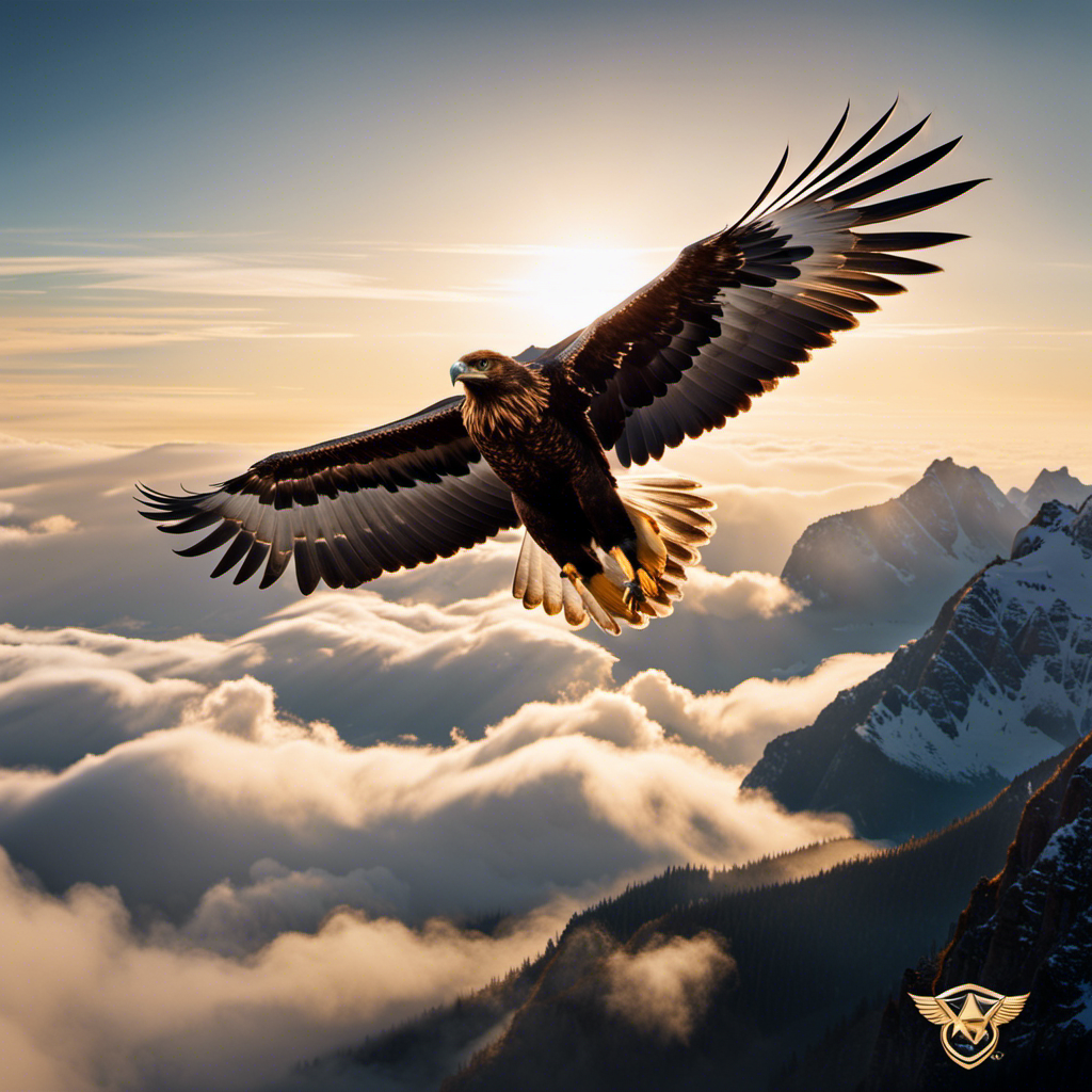 An image showcasing a majestic golden eagle soaring high above the clouds, with rays of sunlight illuminating its wings