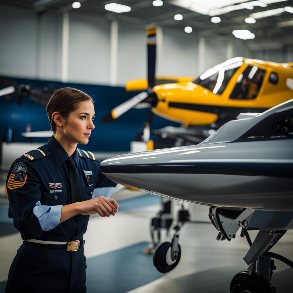 An image showcasing the Academy of Aviation's state-of-the-art flight simulators surrounded by aspiring pilots, instructors in crisp uniforms, and a fleet of gleaming aircraft, embodying their commitment to excellence in flight training