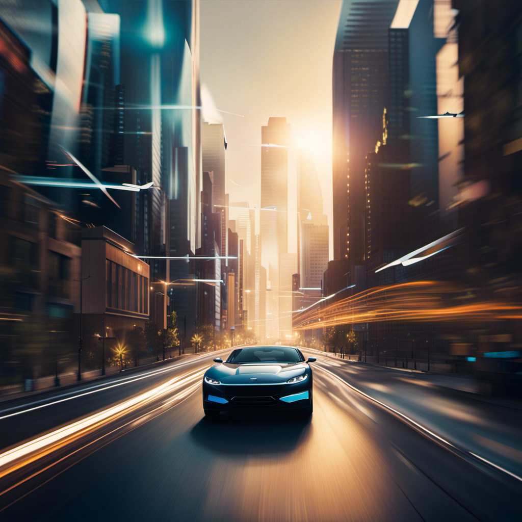 An image showcasing an urban landscape with futuristic Ad Gliders soaring gracefully through the sky, leaving vibrant trails of light behind them, capturing the essence of the innovative and dynamic future of advertising