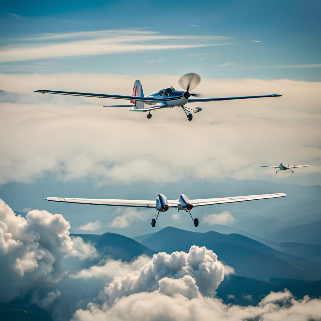 the subtle elegance of a soaring glider being effortlessly lifted by a sturdy tow plane, against a backdrop of a vibrant blue sky
