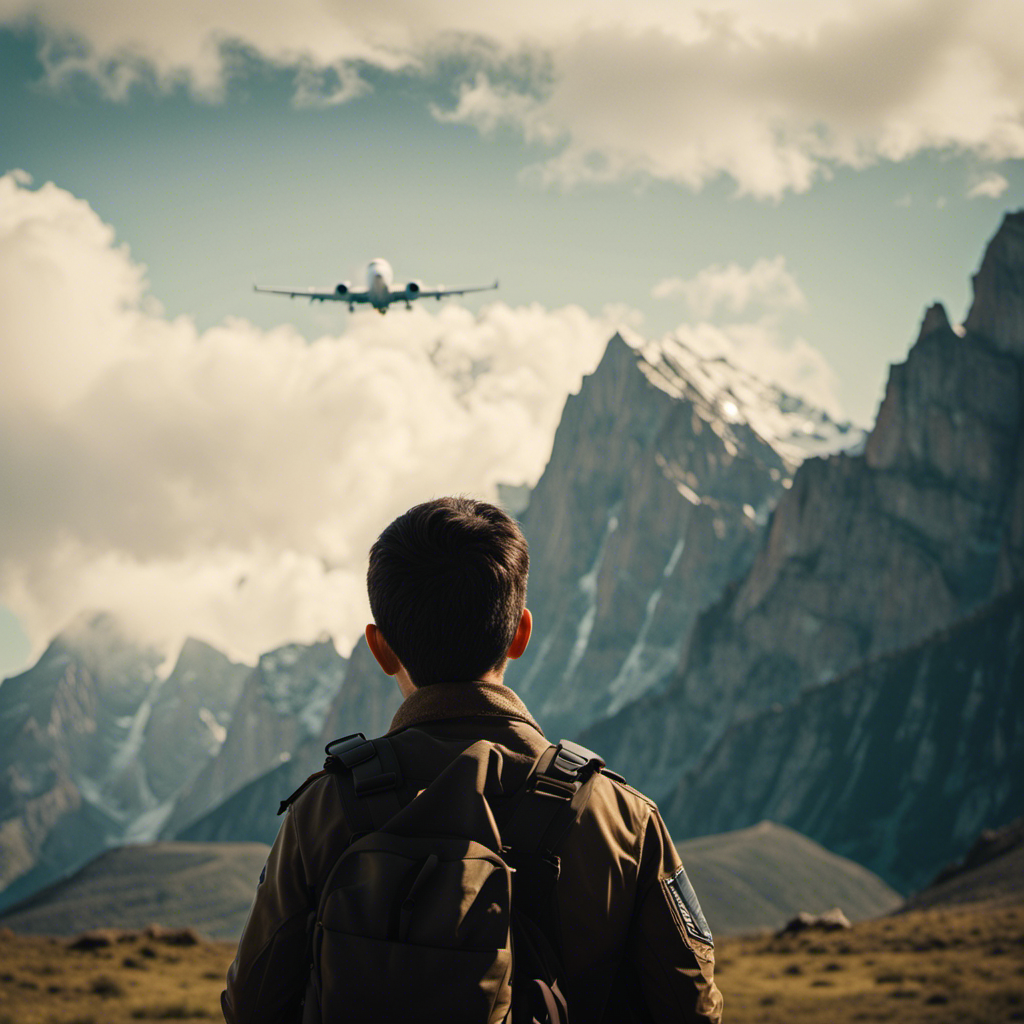 An image showcasing a young prospective pilot standing at the base of a towering mountain, gazing up at an airplane soaring high above, symbolizing the journey to becoming a pilot despite age and altitude limitations