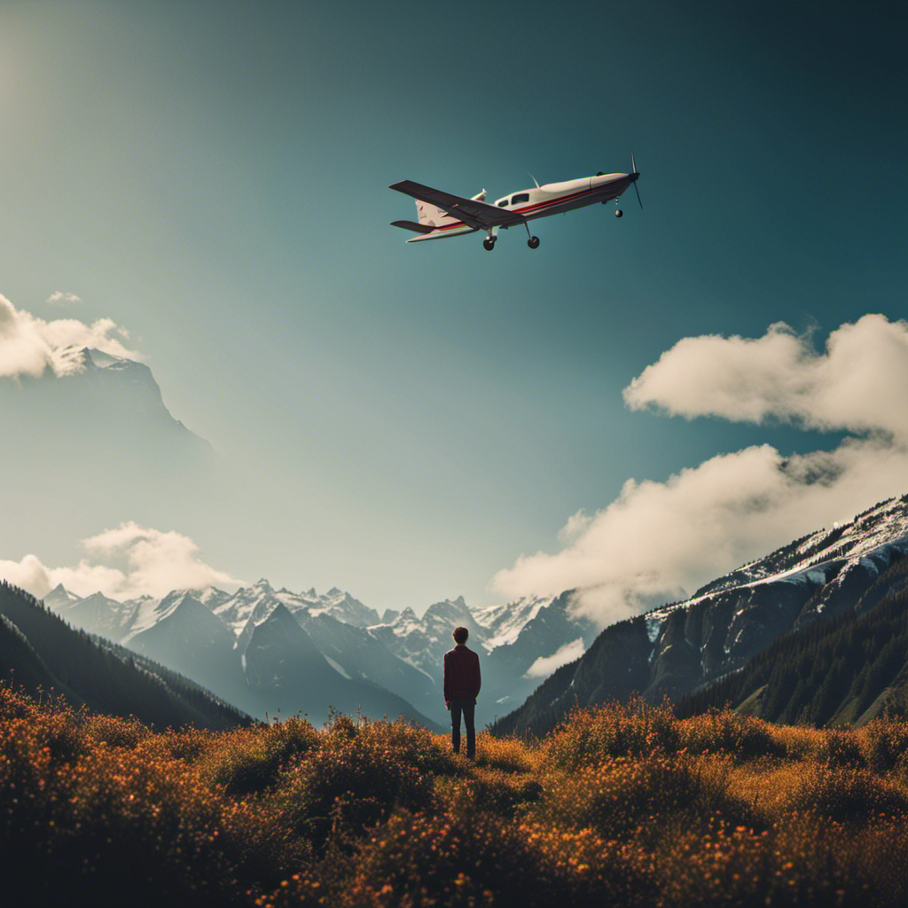 An image of a teenager standing at the base of a mountain, gazing up at a small airplane soaring high above the peaks, highlighting the connection between age, altitude, and the dream of becoming a pilot