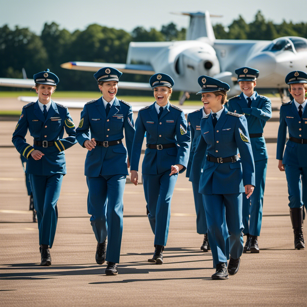 An image showcasing a group of young Air Cadets in crisp blue uniforms, gleefully boarding gliders on a sun-drenched airfield, as experienced pilots guide them with reassuring smiles