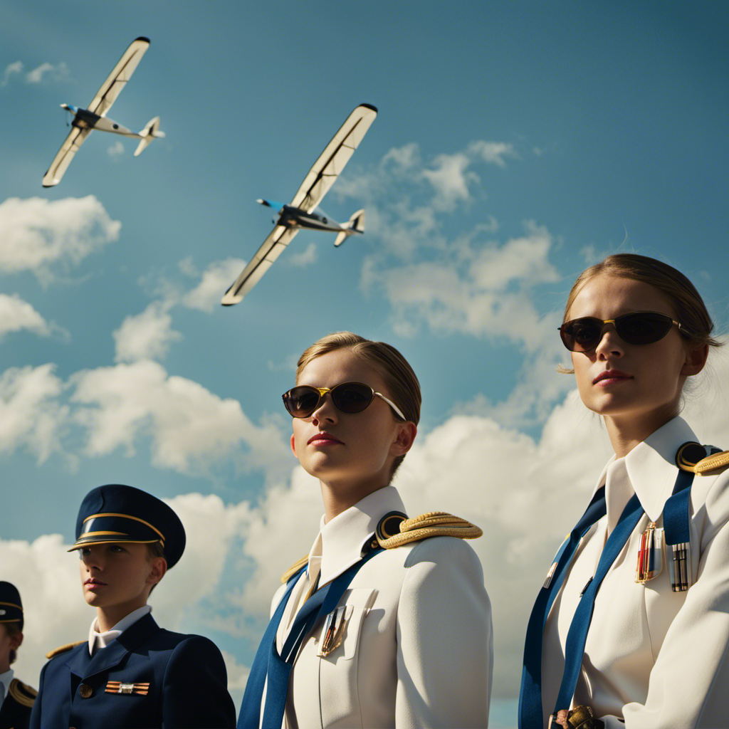 An image capturing the essence of Air Cadet Gliding Schools: a group of young cadets in crisp uniforms, standing beside graceful gliders against a backdrop of clear blue skies, eagerly preparing for takeoff