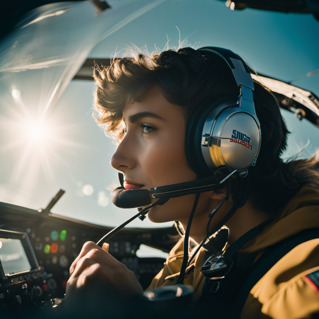 An image showcasing a student pilot in a cockpit, wearing a headset and confidently maneuvering the controls