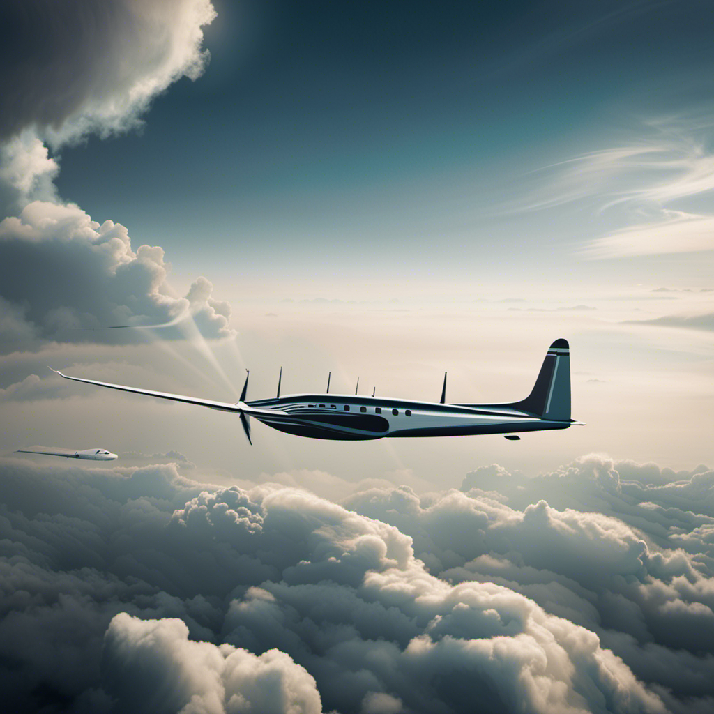 An image showcasing the contrast between an air glider and an airplane: a sleek, streamlined airplane soaring high in the sky, while a graceful air glider effortlessly glides through the calm, serene clouds