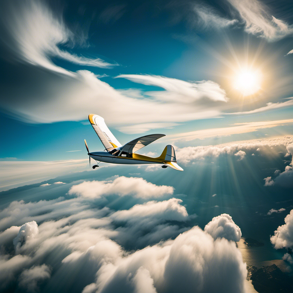 An image showcasing the exhilarating beauty of air gliding: a fearless glider gracefully soaring through endless blue skies, surrounded by fluffy white clouds, with the sun casting a warm golden glow