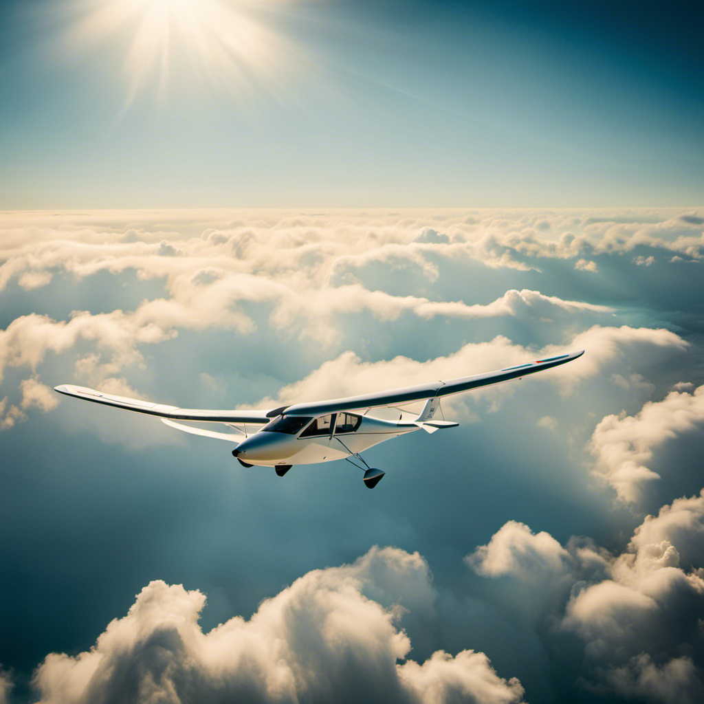 An image that captures the exhilaration of air gliding: a graceful glider soaring through a clear blue sky, with its wings outstretched, effortlessly gliding amidst fluffy white clouds, as the sun casts a warm golden glow