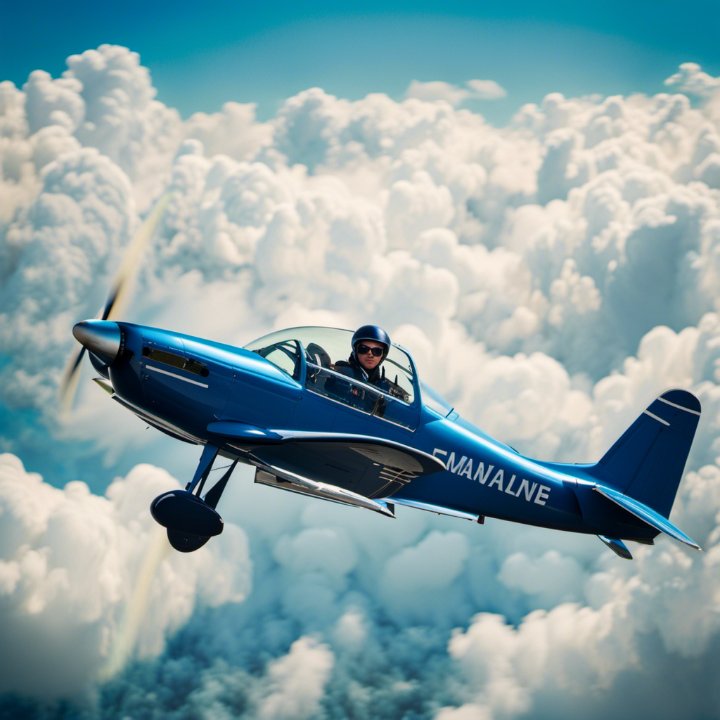 An image showcasing a bright blue sky with a small aircraft soaring gracefully amidst fluffy clouds