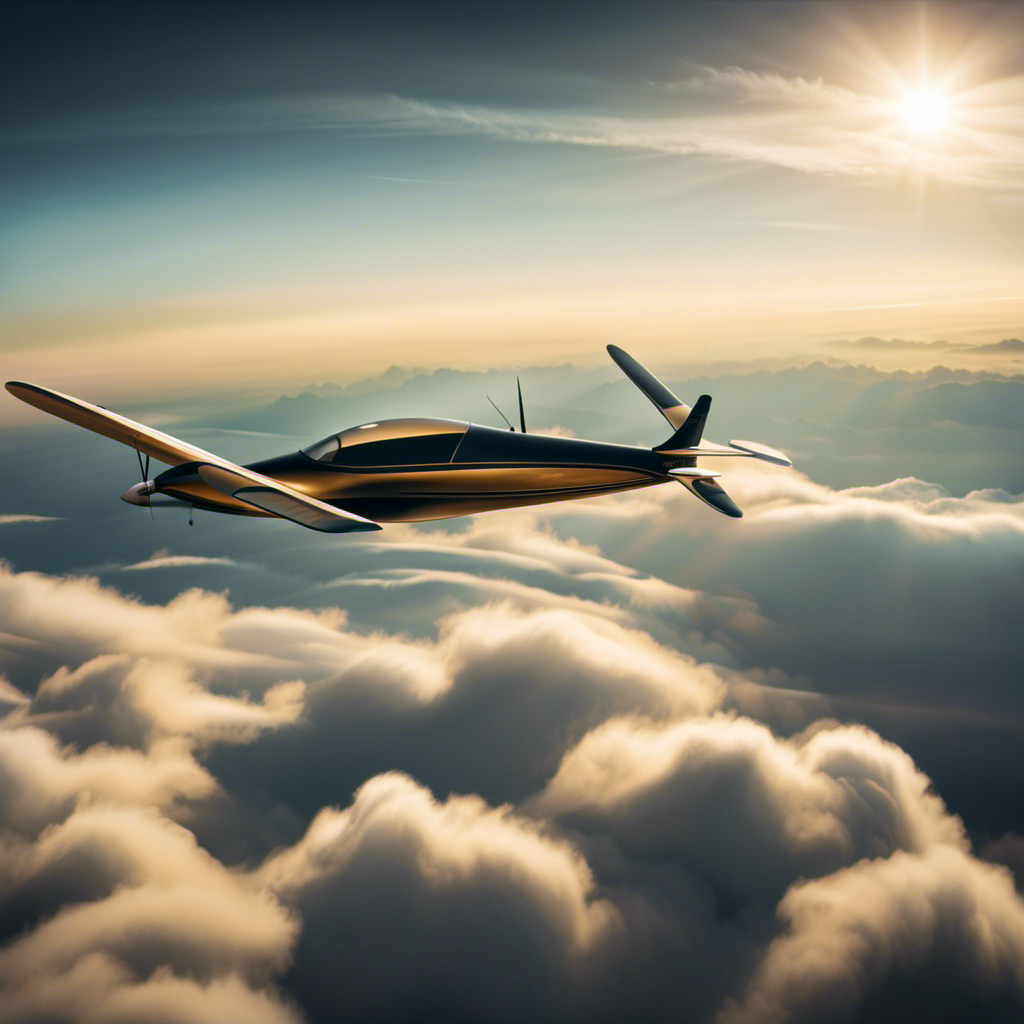 An image that captures the essence of airplane gliders, showcasing a graceful glider soaring through a cloud-painted sky, with sunlight casting a golden glow on the wings and a serene landscape below