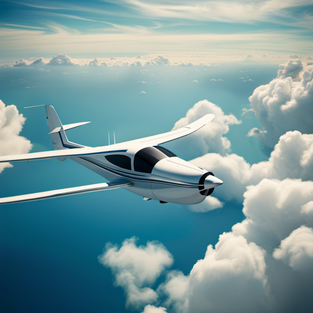 An image showcasing a serene glider plane soaring gracefully amidst a picturesque blue sky, surrounded by fluffy white clouds