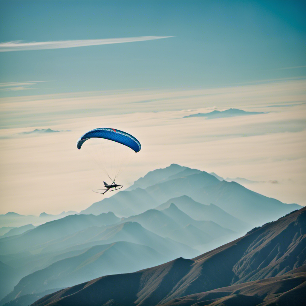 An image capturing the serene beauty of a glider soaring effortlessly through a clear blue sky, surrounded by majestic mountains