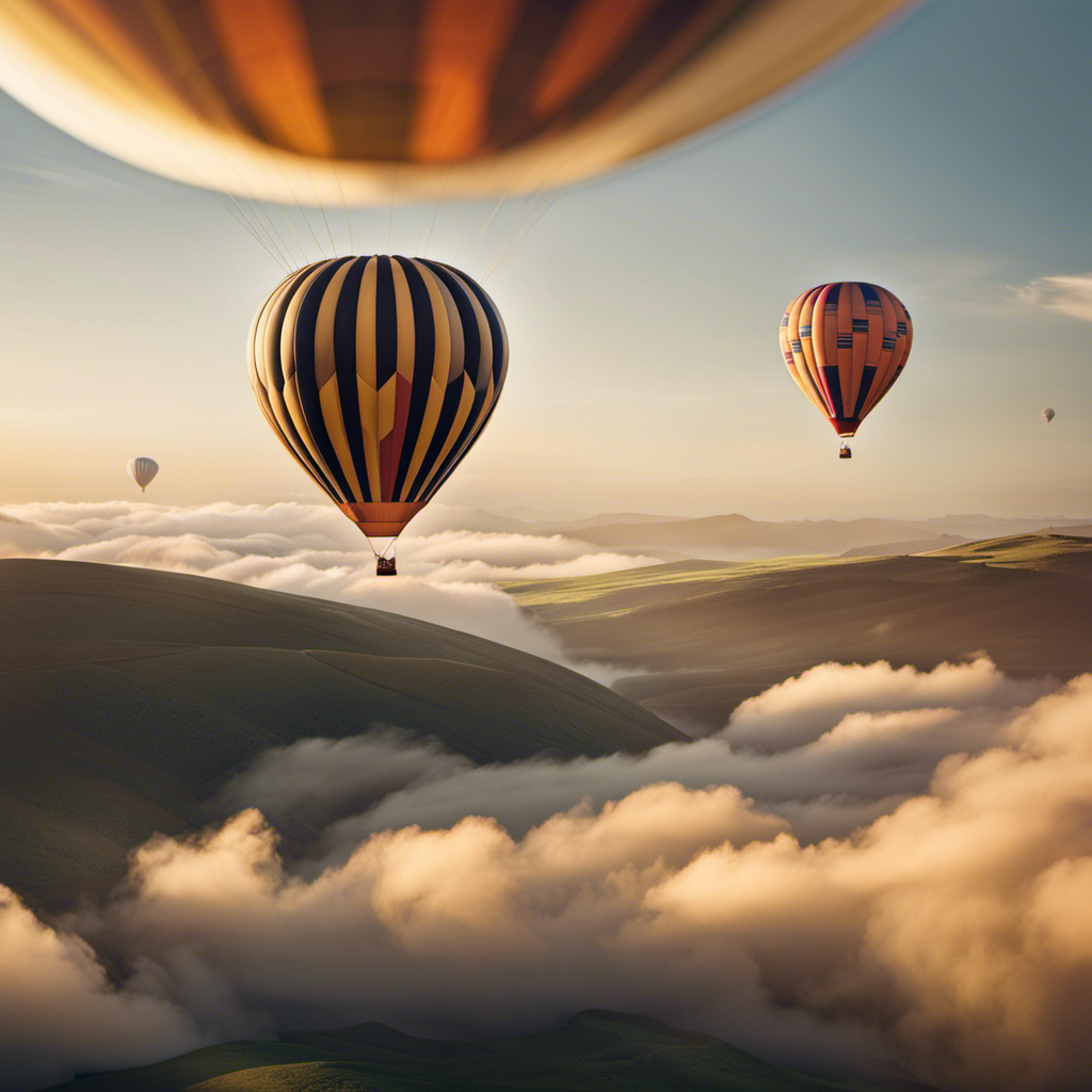 An image showcasing the contrasting forms of a graceful glider and a majestic hot air balloon suspended in the sky