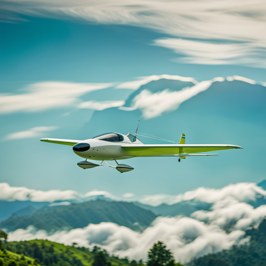 An image of a serene glider soaring gracefully amidst a clear blue sky, surrounded by lush green landscapes