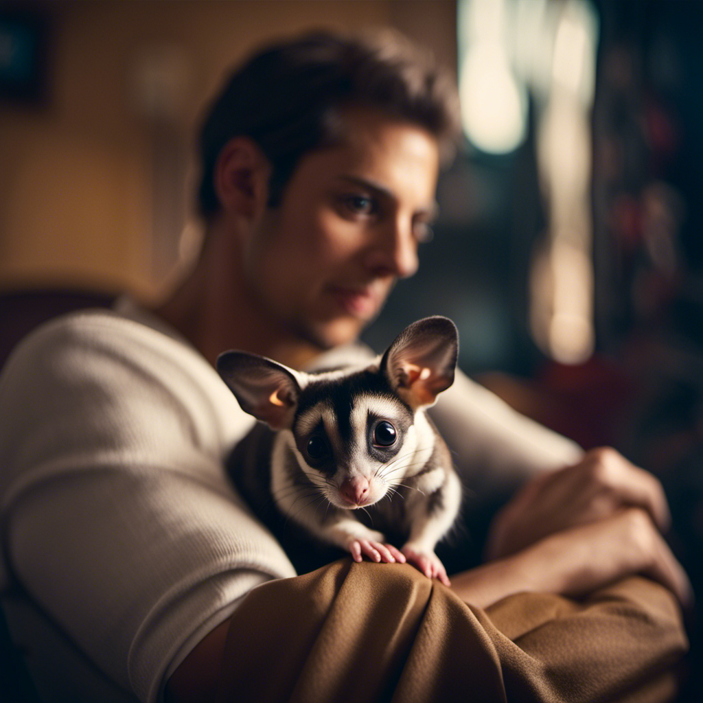 An image showcasing a cozy living room with a sugar glider perched on its owner's shoulder, their playful eyes and fluffy tail capturing the essence of their companionship and potential as a pet