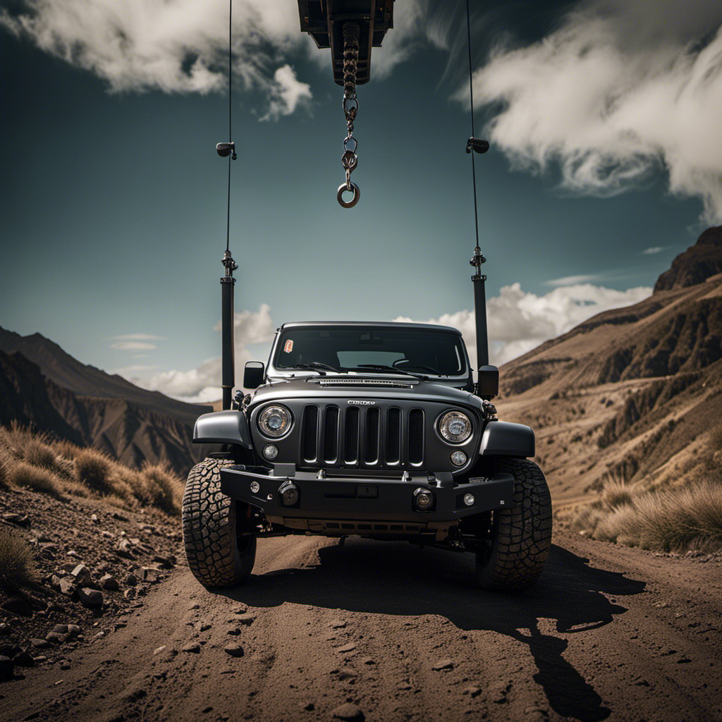 An image showcasing a sturdy winch attached to a vehicle's front bumper, exerting immense force to effortlessly hoist a heavy object off the ground