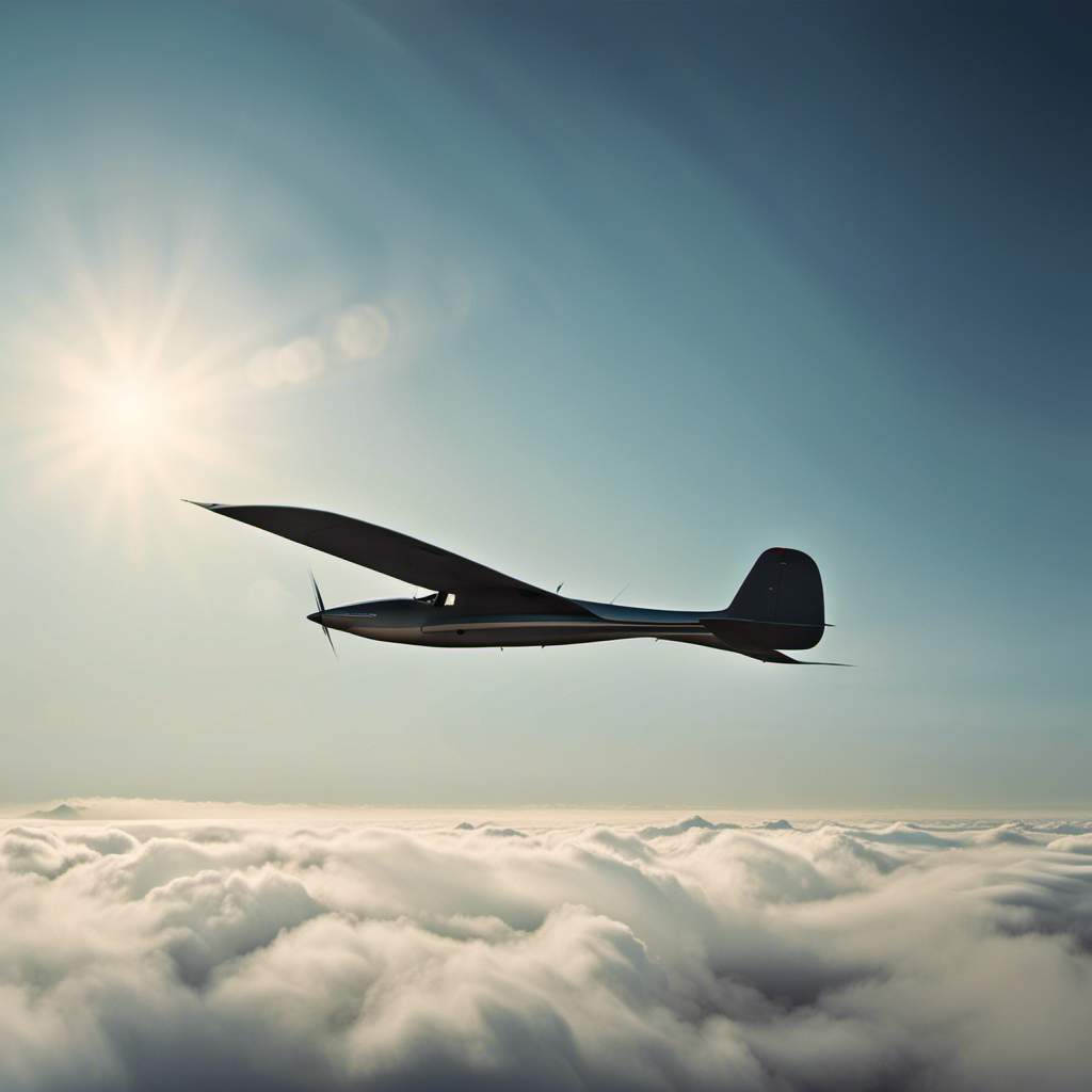 An image capturing a glider soaring gracefully through a cloudless sky, its wings gracefully angled, as it maintains a constant speed V, symbolizing the quest to maximize its time aloft