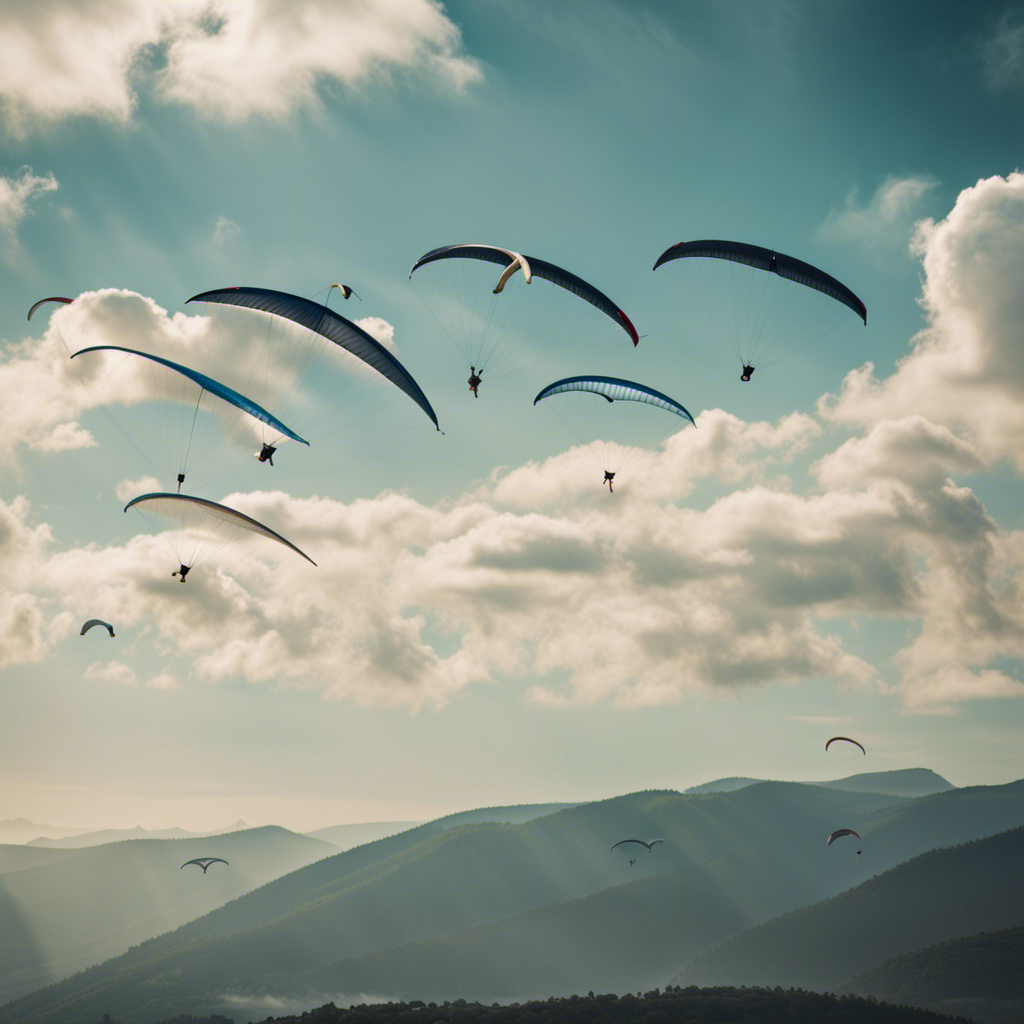 An image showcasing a flock of majestic avian hang gliders soaring gracefully through the sky, highlighting their diverse designs, vibrant feathers, and intricate wing structures