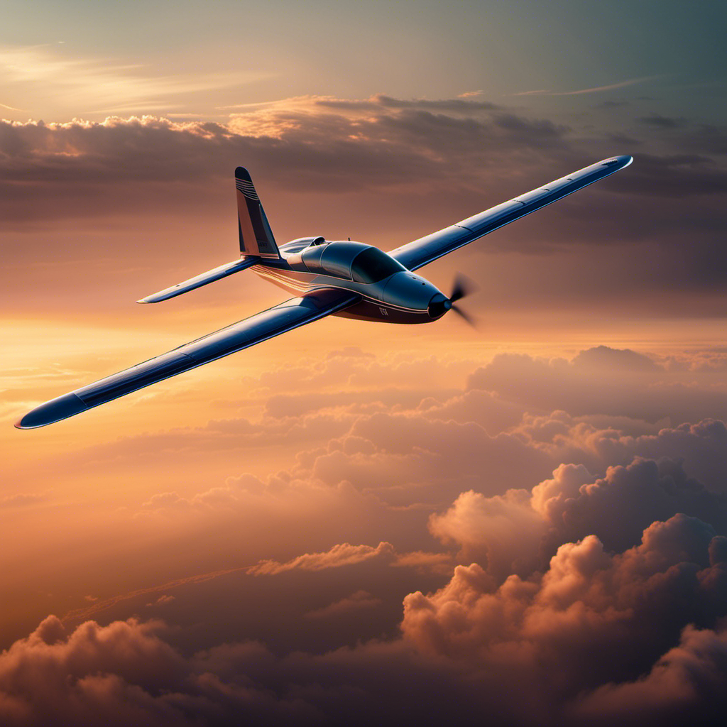 An image showcasing a glider soaring gracefully against a breathtaking sunset backdrop, with a determined pilot confidently maneuvering through the vast expanse of the limitless sky