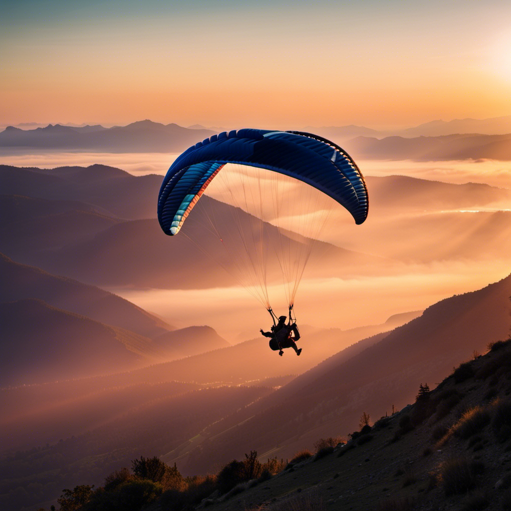 An image capturing the exhilarating moment when a fearless paraglider soars through a vibrant sunset-lit sky, effortlessly surpassing previous records, as mountains stand tall in the backdrop, symbolizing the triumph over barriers