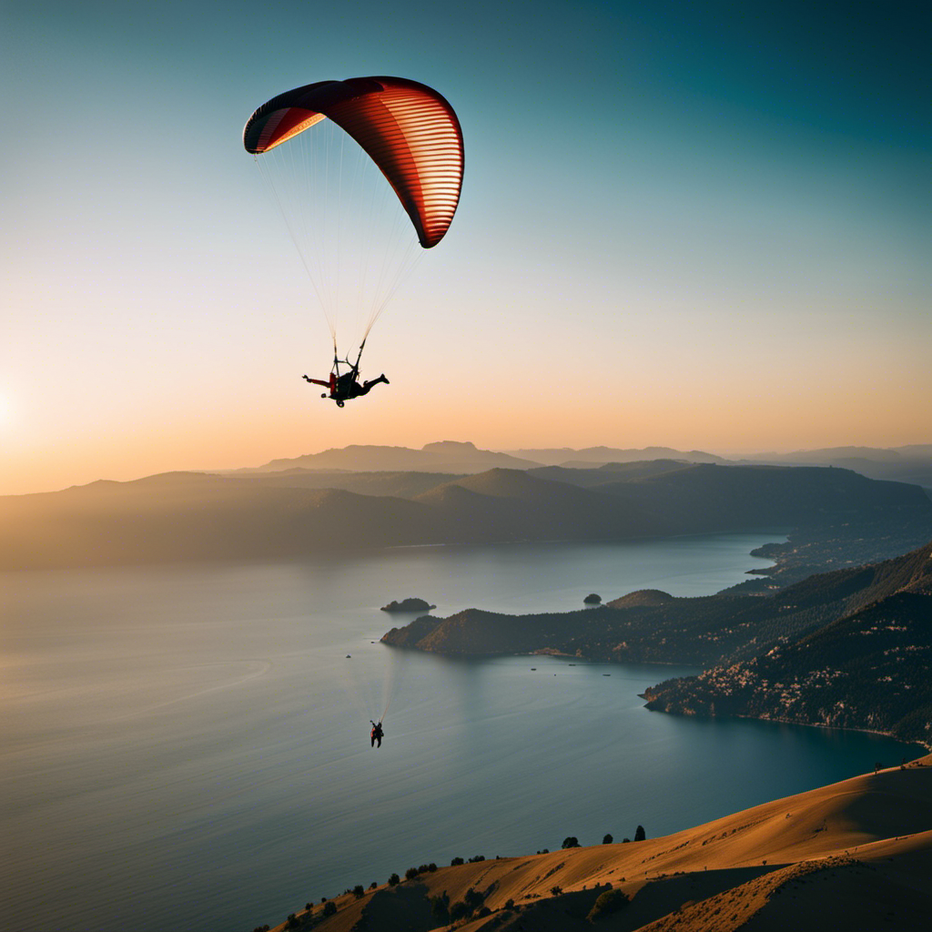 An image capturing the awe-inspiring moment of a paraglider soaring effortlessly through the endless azure sky, breaking records with their undying determination, as the sun begins its gentle descent on the horizon