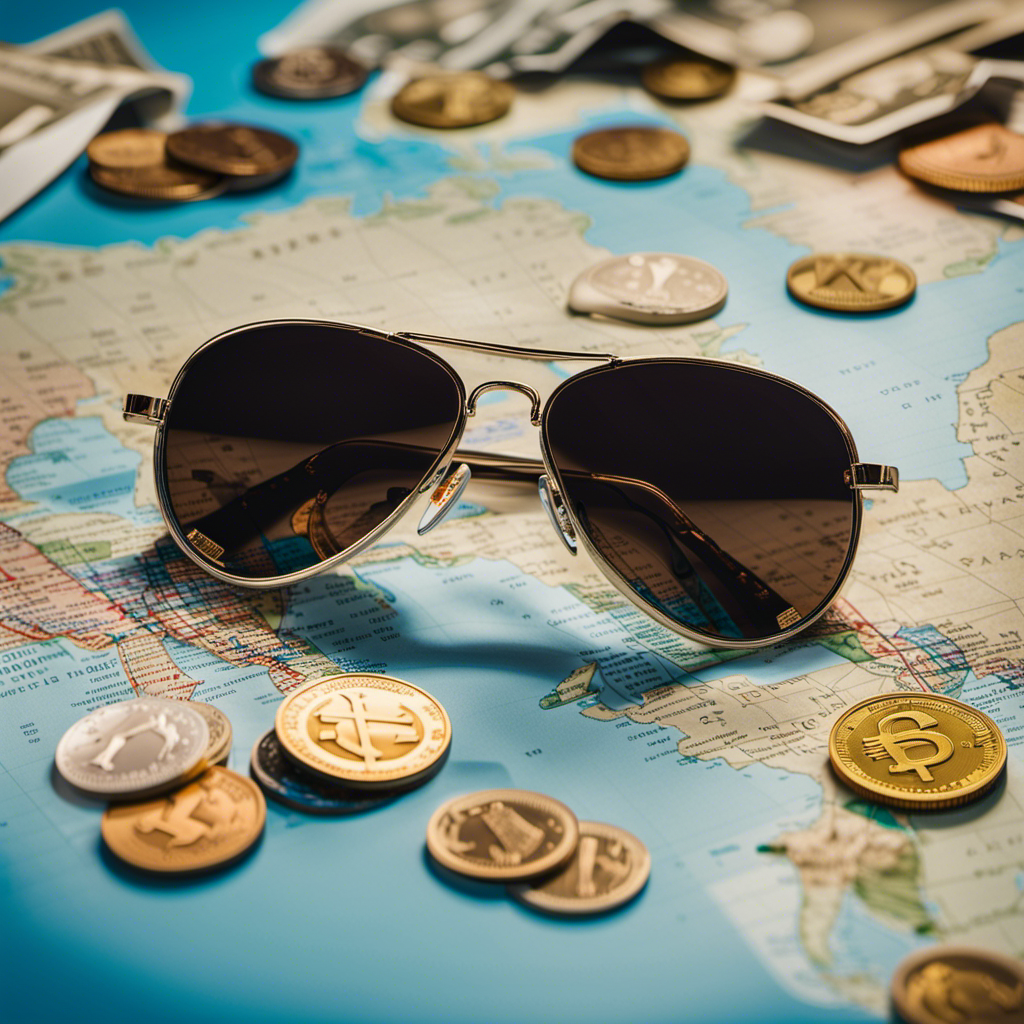 An image of a pair of aviator sunglasses resting on a crumpled map, surrounded by coins of different currencies