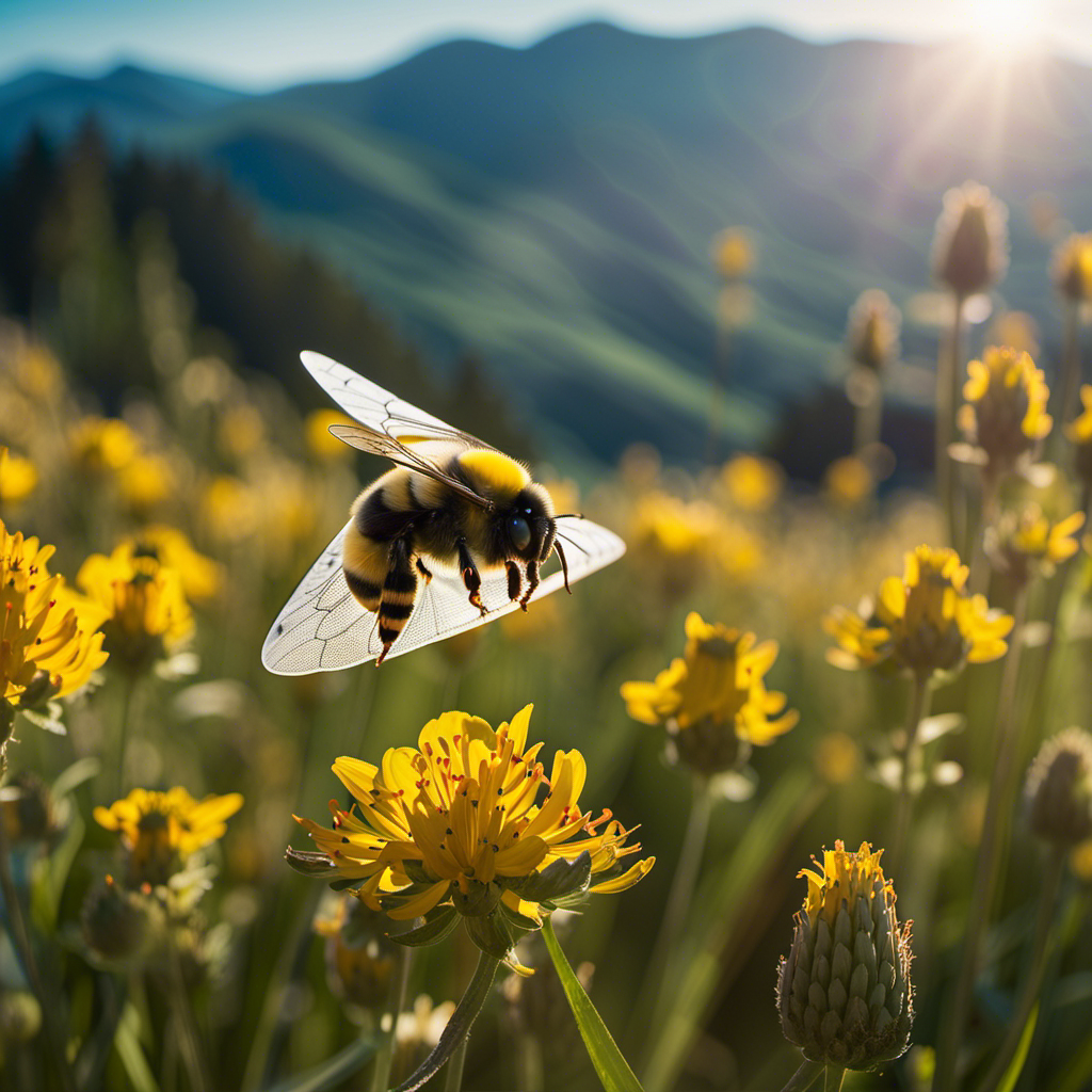 An image capturing the exhilarating essence of bumblebee hang gliding: a vibrant, sunlit meadow with a vivid blue sky, a bumblebee gracefully soaring through the air, wings spread wide, against a backdrop of majestic mountains