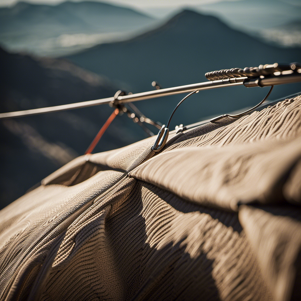 An image showcasing a close-up of a used hang glider, revealing intricate stitching, weathered fabric, and worn-out cables