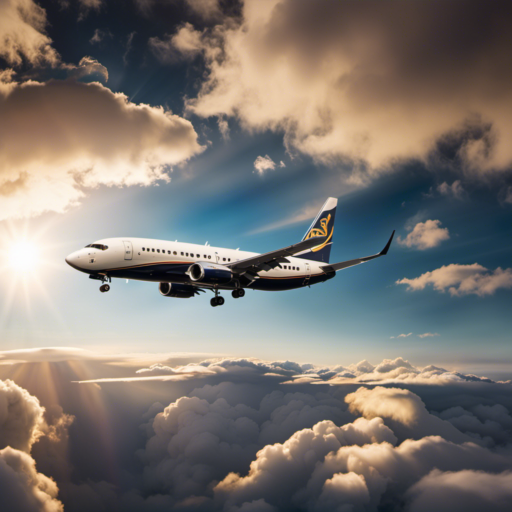 An image showcasing a Boeing 737 gracefully soaring through the sky, its engines motionless, as the sun casts a warm glow on the aircraft, highlighting its streamlined silhouette against a backdrop of fluffy white clouds