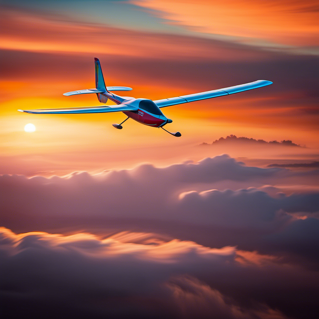 An image of a graceful glider soaring through a vibrant sunset sky, defying gravity as it ascends higher and higher