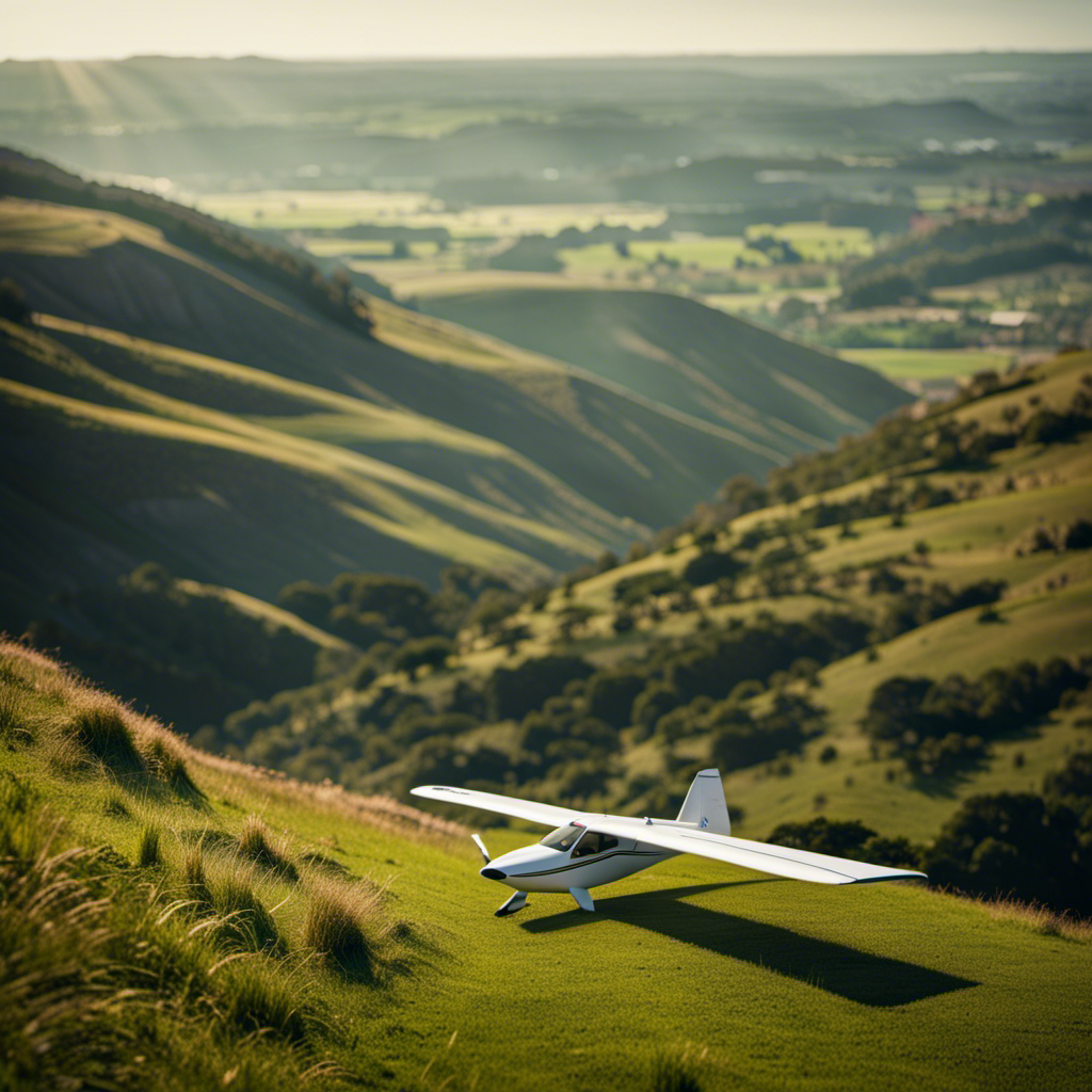 An image showcasing a sleek glider positioned at the edge of a grassy cliff, its wings stretched wide, capturing the gentle breeze as it prepares for takeoff, evoking curiosity about its ability to ascend without an engine