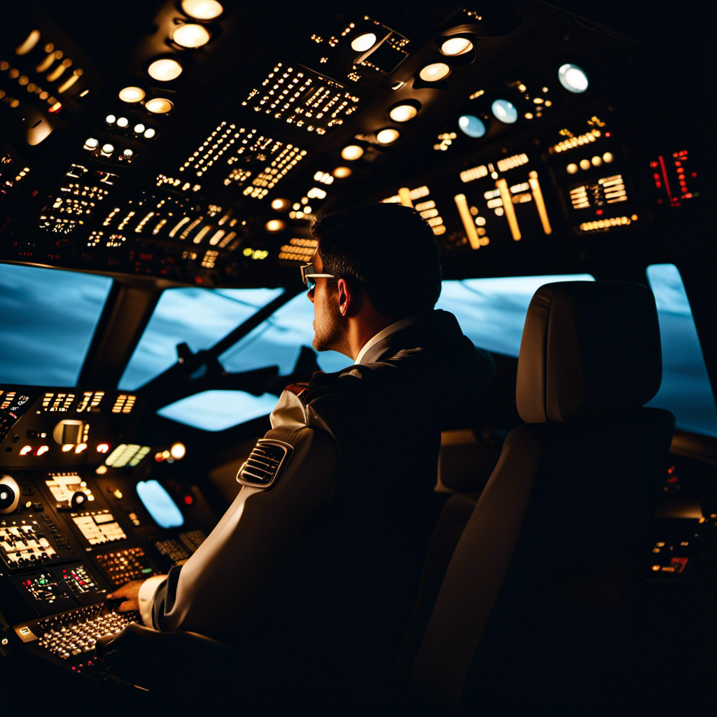 An image that captures the tension inside a cockpit at night, with a pilot slouched in their seat, eyes heavy yet alert, illuminated by the soft glow of instrument panels, as the moon peers through the window