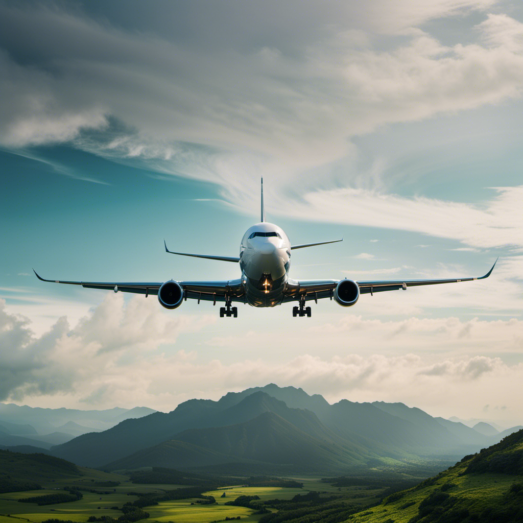 An image showcasing a commercial airplane gracefully gliding through the sky, its engines dormant, as it descends towards a lush green landscape