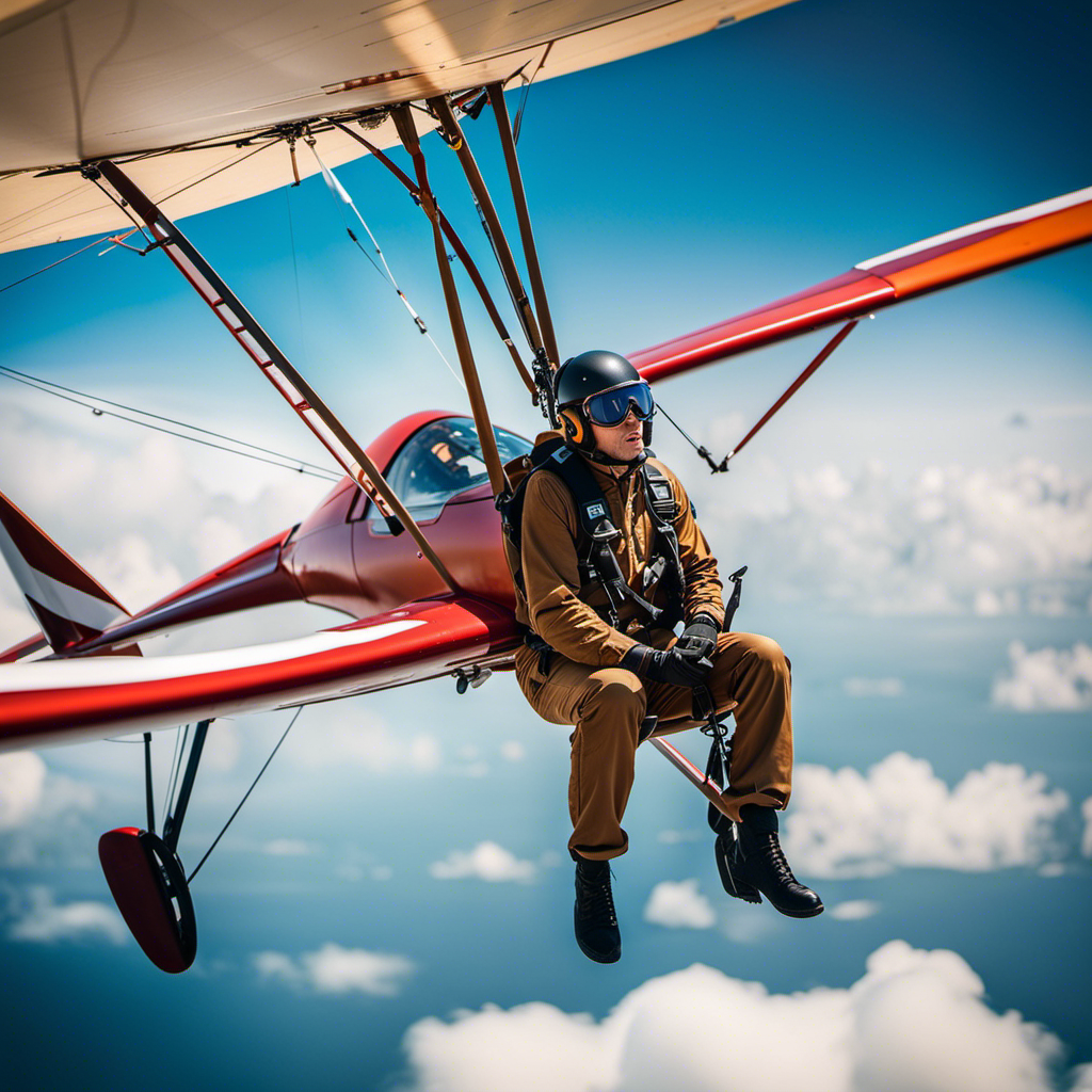 An image showcasing a private pilot, clad in aviation gear, confidently hitched to a sleek glider, their hand gripping the tow rope, as both aircrafts ascend into a vibrant blue sky