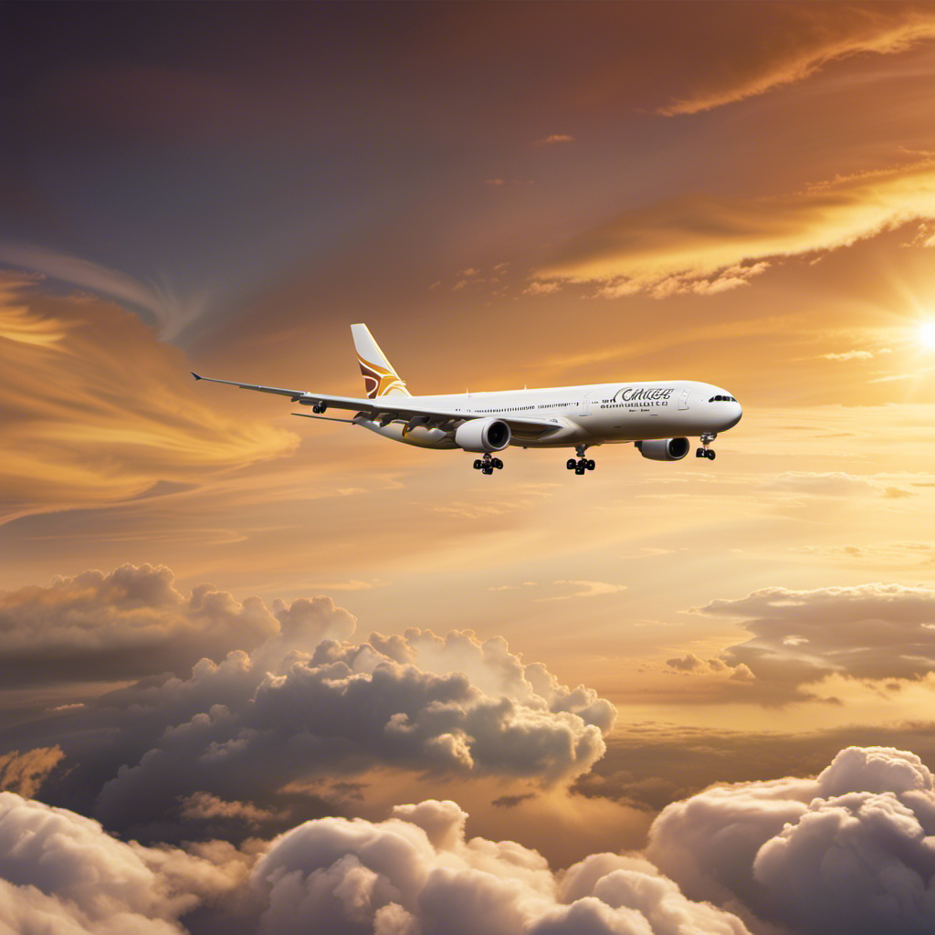 An image showcasing a majestic Airbus A330, gliding gracefully through the golden-hued sky, its sleek silhouette perfectly outlined against a backdrop of fluffy clouds, defying expectations and proving that yes, an A330 can indeed glide