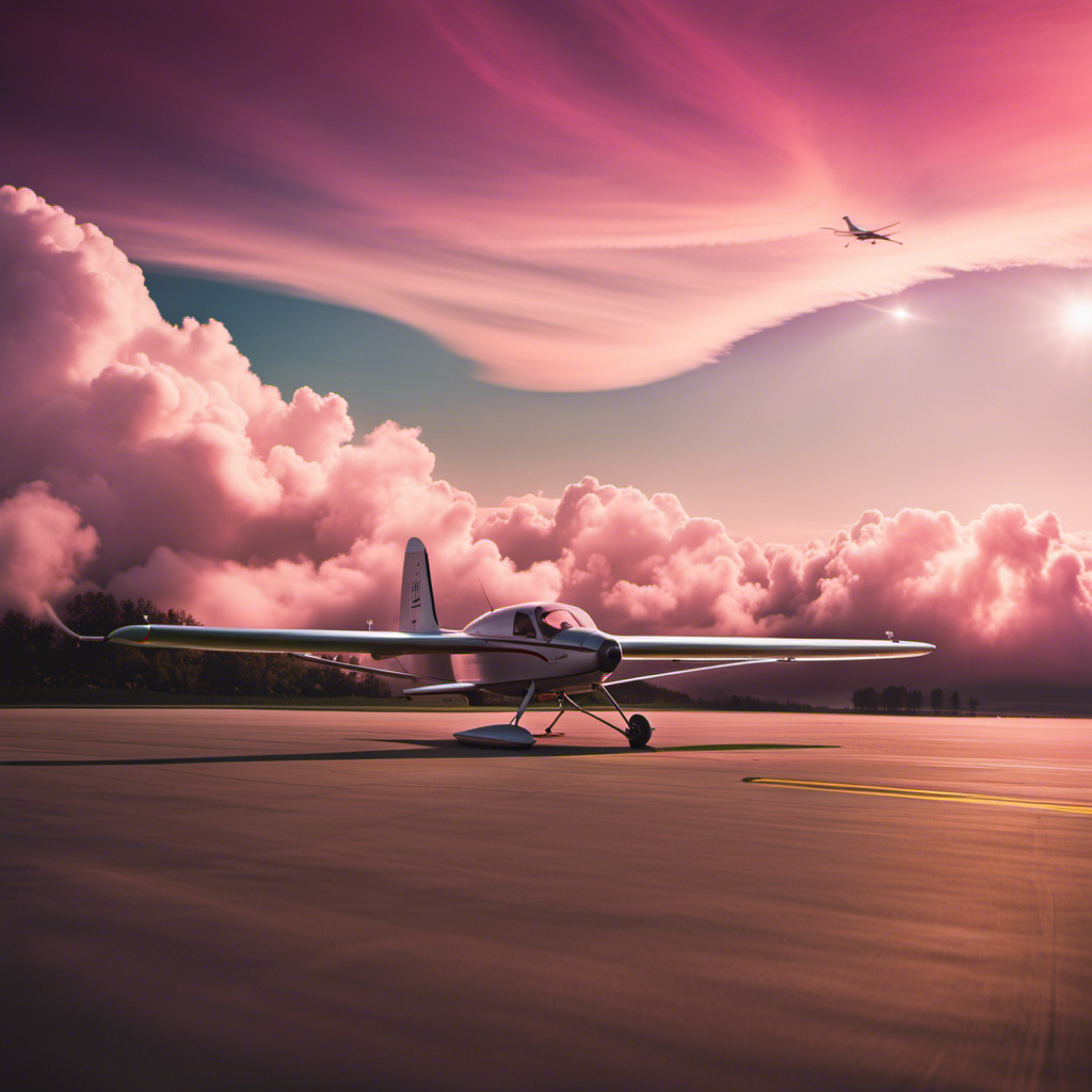 An image of a sun-kissed, expansive airfield with a sleek glider soaring gracefully amidst cotton candy clouds