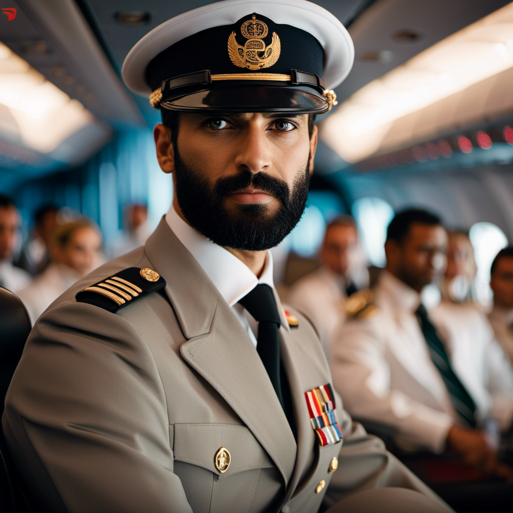 An image showcasing a close-up of an Emirates pilot confidently wearing a neatly trimmed beard, displaying professionalism and style