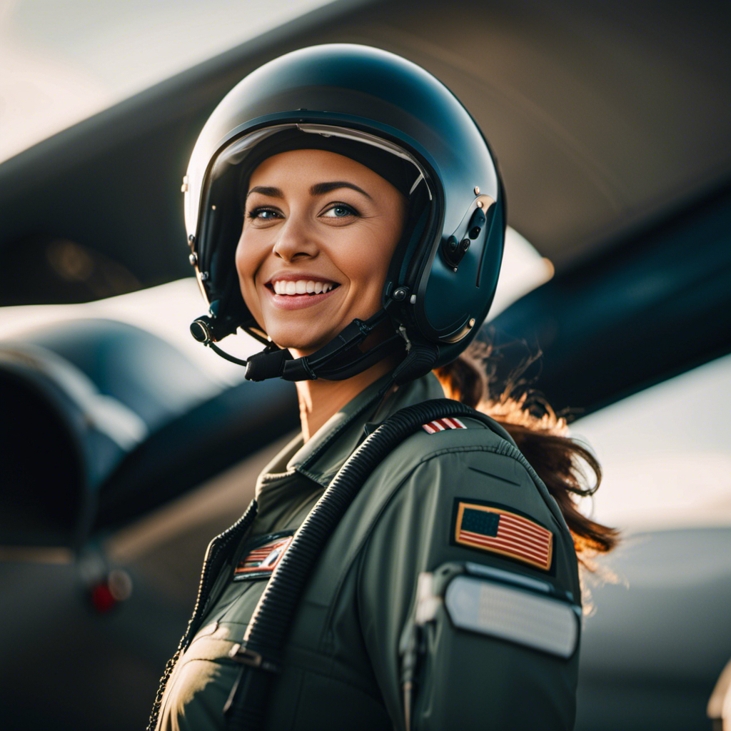 An image depicting a female pilot wearing a flight suit, confidently flying an aircraft, with a visible baby bump