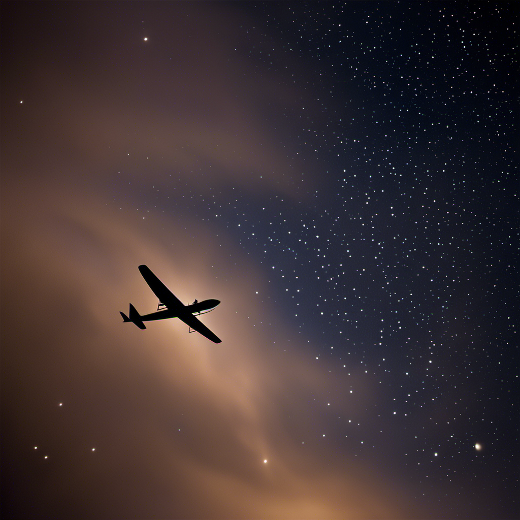 An image showcasing the breathtaking silhouette of a glider soaring gracefully against a backdrop of a star-studded midnight sky, highlighting the mystical beauty and possibility of glider pilots taking flight during the night