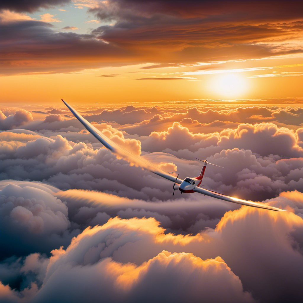 Create an image capturing the breathtaking sight of a glider gracefully soaring high above a vast expanse of fluffy white clouds, with the vibrant hues of the setting sun casting a warm, golden glow on the scene