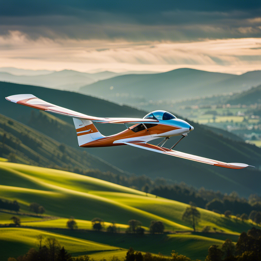an image of a sleek glider, soaring gracefully through a vibrant sky, its wings stretching wide against a backdrop of rolling hills and distant mountains