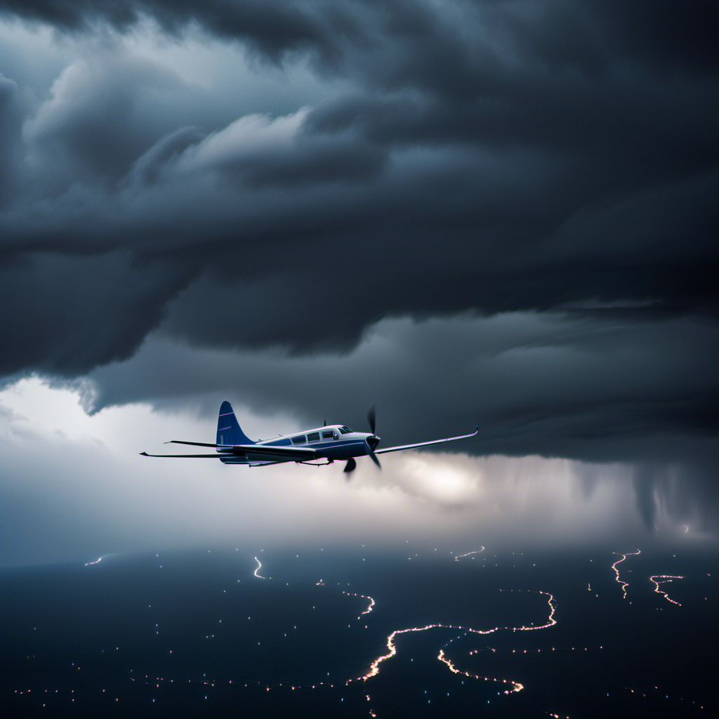 An image that captures the heart-stopping moment of a glider soaring through tumultuous storm clouds, with lightning illuminating the dark sky, raindrops streaking across the cockpit, and wind gusts threatening to disrupt its graceful flight